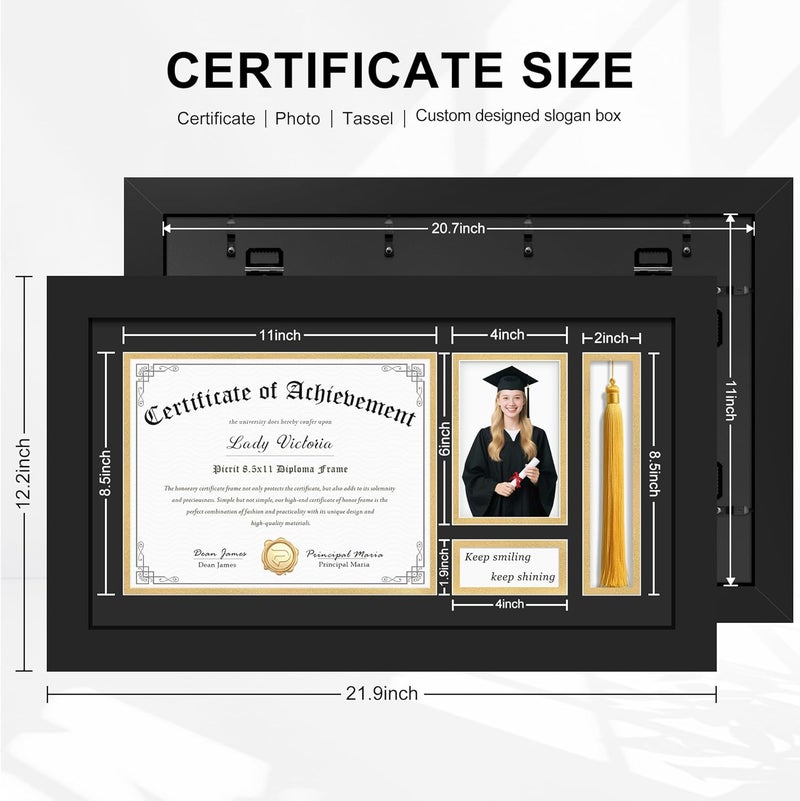 Picrit 11x21 Diploma Frames with Tassel Holder for 8.5x11 Certificate/Degree Document & 4x6 Graduation Photos, with Tempered Glass, Black with Gold Mat, Wall Mount Display - Image 3